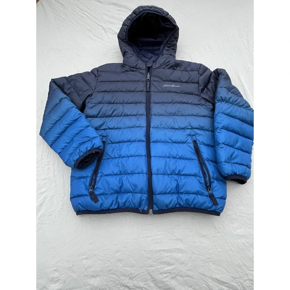 Eddie Bauer Full Zip Down Jacket Youth Medium Blue Gradient Reversible Navy‎